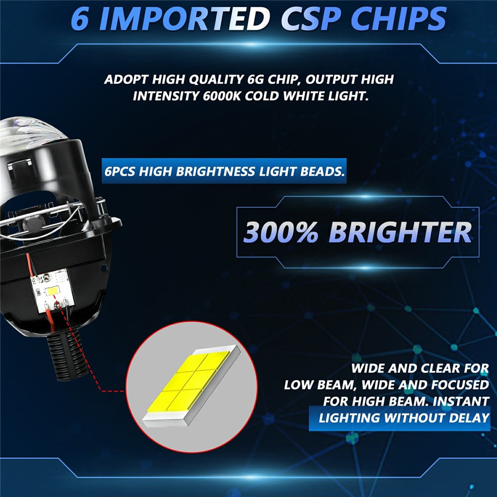 T02 1Pc 2.5 Inch Bi-LED Projector Lens 6000K White Light High Low Beam Anti-Glare Car Headlight