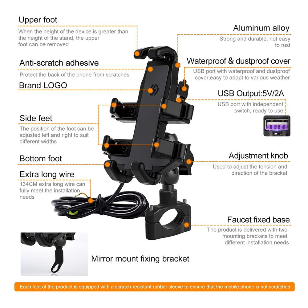 CS-1098A1 360 Degree Rotation Phone Holder Motorcycle Rearview Mirror / Handlebar Mount Bracket with USB Charging Port