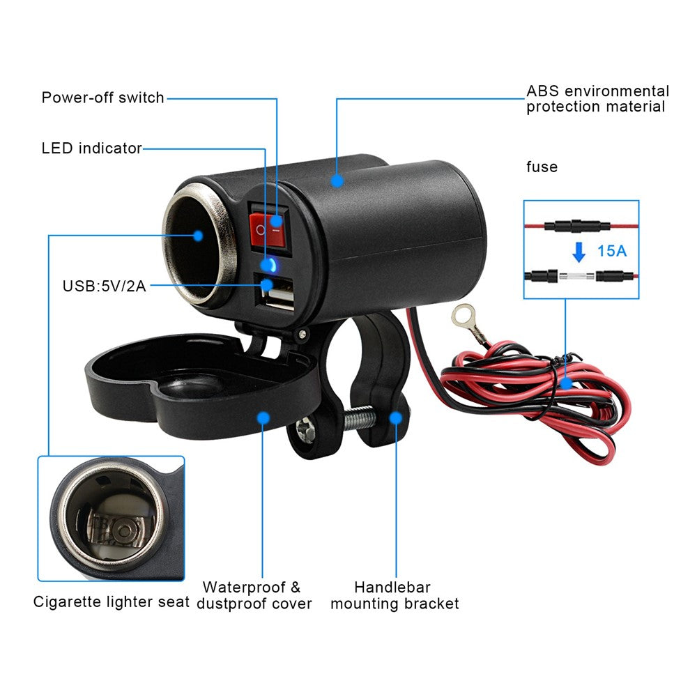 CS-313G1 Motorcykelmodificeret USB-oplader Vandtæt telefonopladningsadapter med cigarettænderstik og afbryder