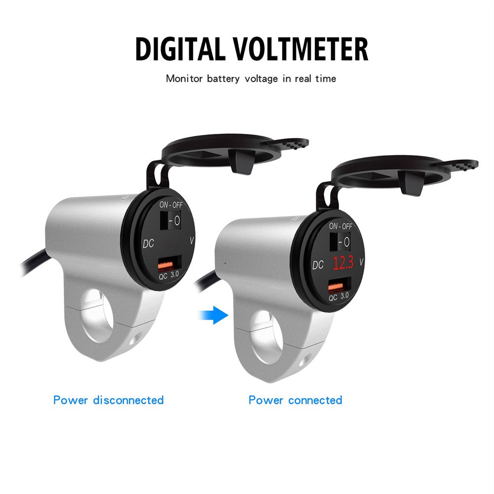WUPP ZH-975 Motorcycle Handlebar 2.4A USB Phone Charger Aluminum Alloy Waterproof Voltage Digital Display QC3.0 Fast Charge Adapter with Switch