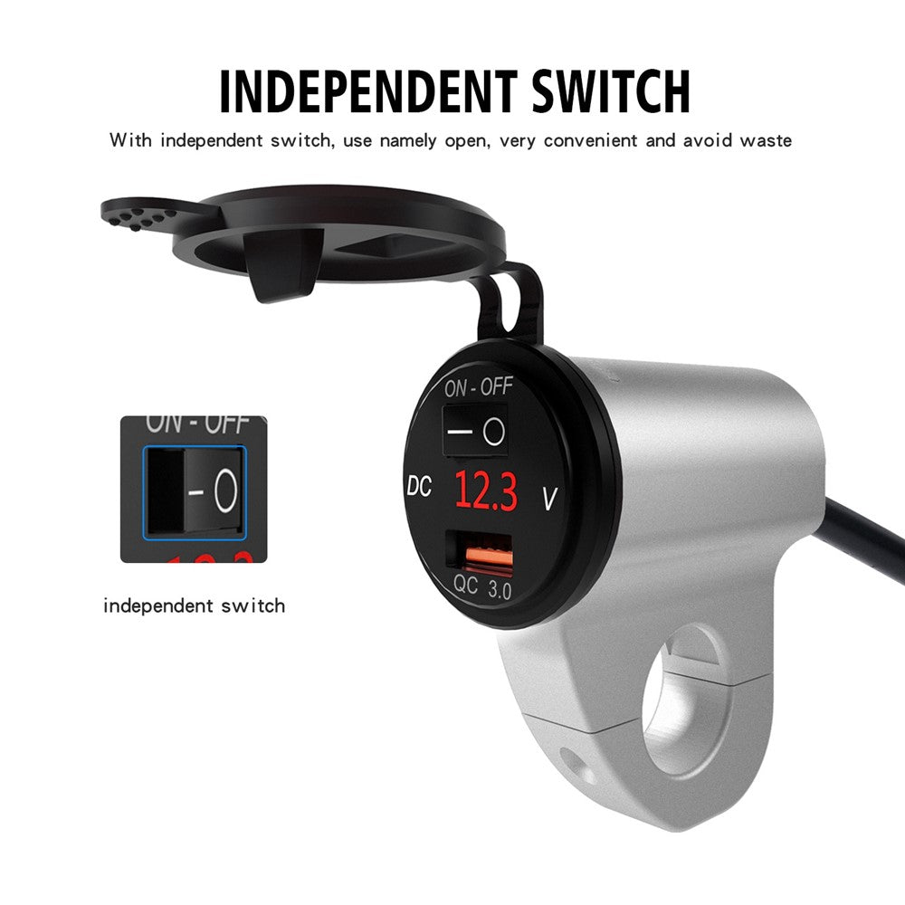 WUPP ZH-975 Motorcycle Handlebar 2.4A USB Phone Charger Aluminum Alloy Waterproof Voltage Digital Display QC3.0 Fast Charge Adapter with Switch