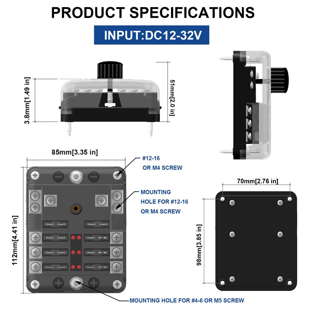 WUPP CS-3394A1 6 Way Blade Fuse Block with Negative Bus LED Indicator for Car Boat Van SUV