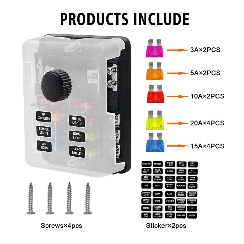 WUPP CS-3394A1 6 Way Blade Fuse Block with Negative Bus LED Indicator for Car Boat Van SUV