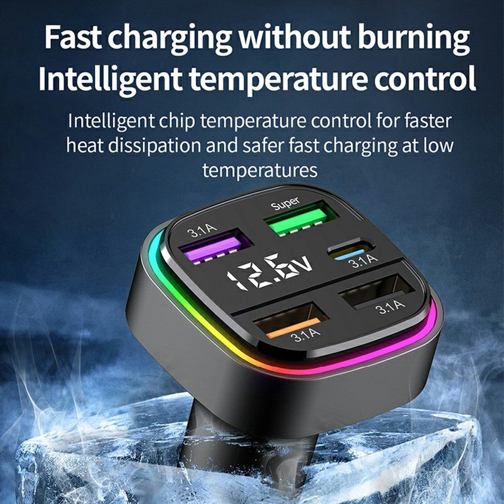 K34 5 Port USB Car Charger(4 USB+Type C) Cigarette Lighter Adapter with LED Display