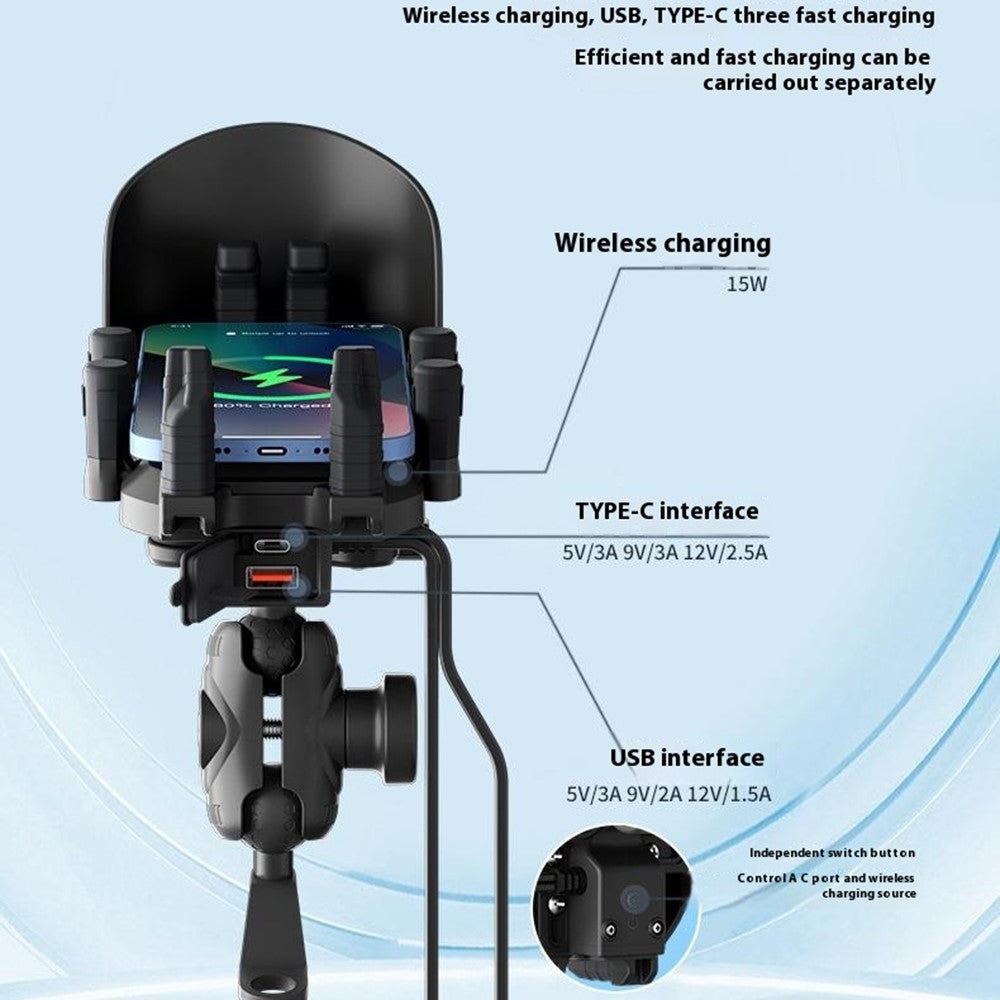 WUPP CS-2056A1 Motorcycle Phone Holder with USB-A+Type-C+Wireless 3-in-1 Charging, Mirror Mount