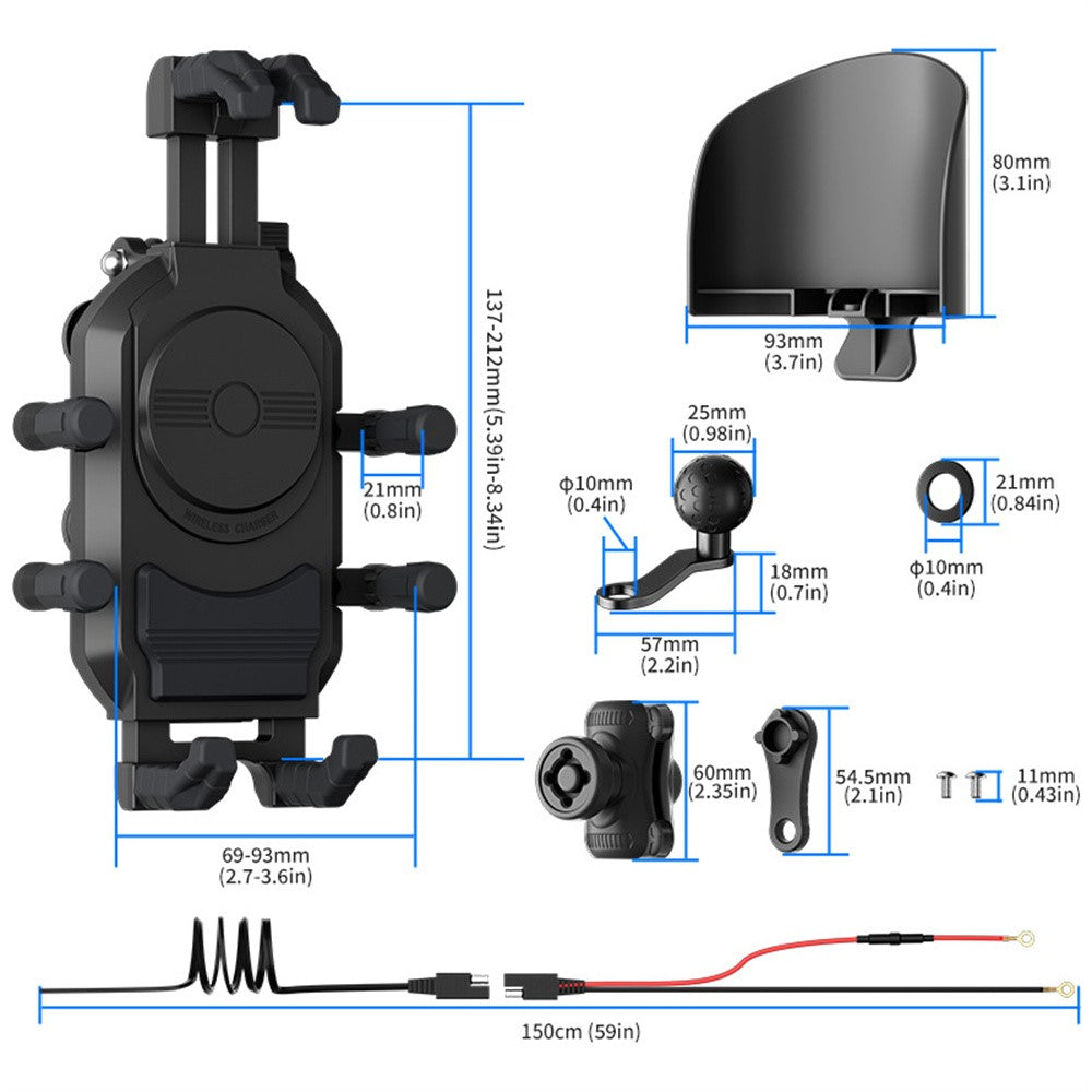 WUPP CS-2056A1 Motorcycle Phone Holder with USB-A+Type-C+Wireless 3-in-1 Charging, Mirror Mount
