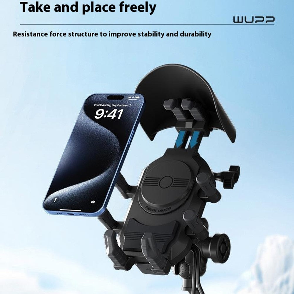 WUPP CS-2056A1 Motorcycle Phone Holder with USB-A+Type-C+Wireless 3-in-1 Charging, Mirror Mount