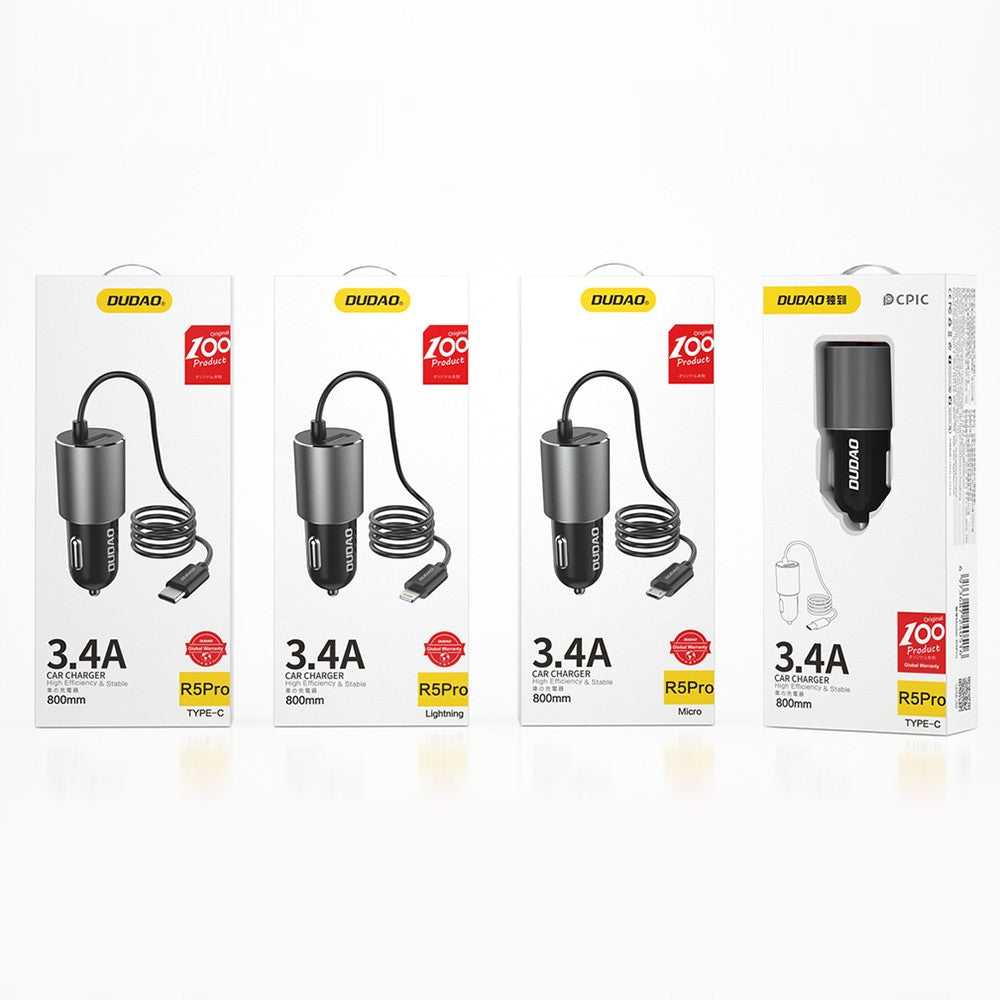 DUDAO R5Pro 3.4A USB-telefonopladningsadapter biloplader med indbygget kabel