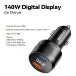 ESSAGER 140W Hurtig Oplader Digitalt Display USB A + Type C Biloplader