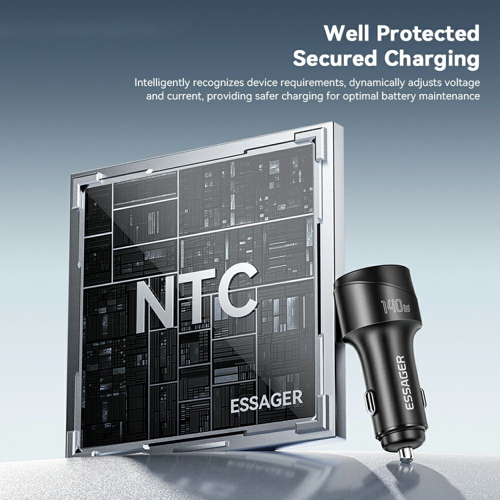 ESSAGER 140W Hurtig Oplader Digitalt Display USB A + Type C Biloplader