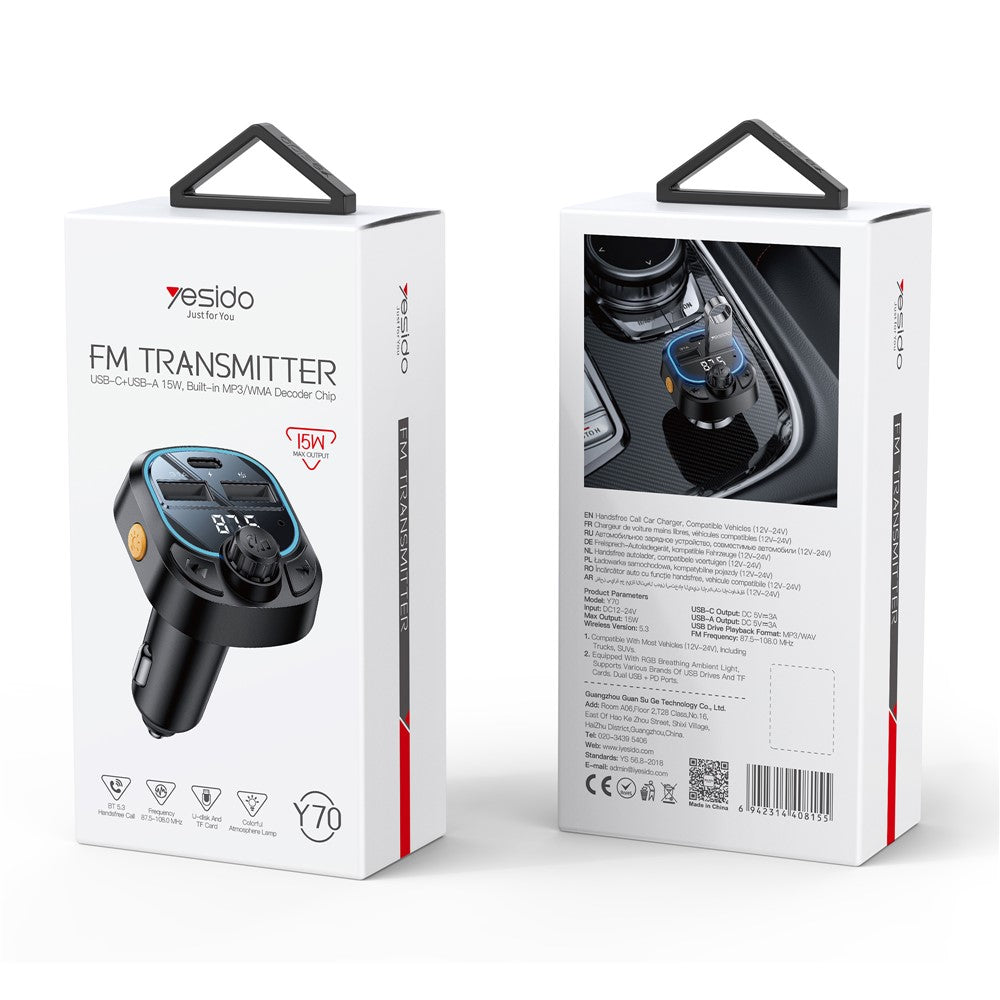 YESIDO Y70 Bluetooth-kompatibel 5.3 FM-sender Billader Håndfri Opkald MP3-afspiller