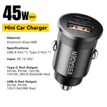 ESSAGER ES-CC15 Biloplader 45W Dobbelt Port USB-A + Type-C Hurtigopladning Stik Cigarettænder