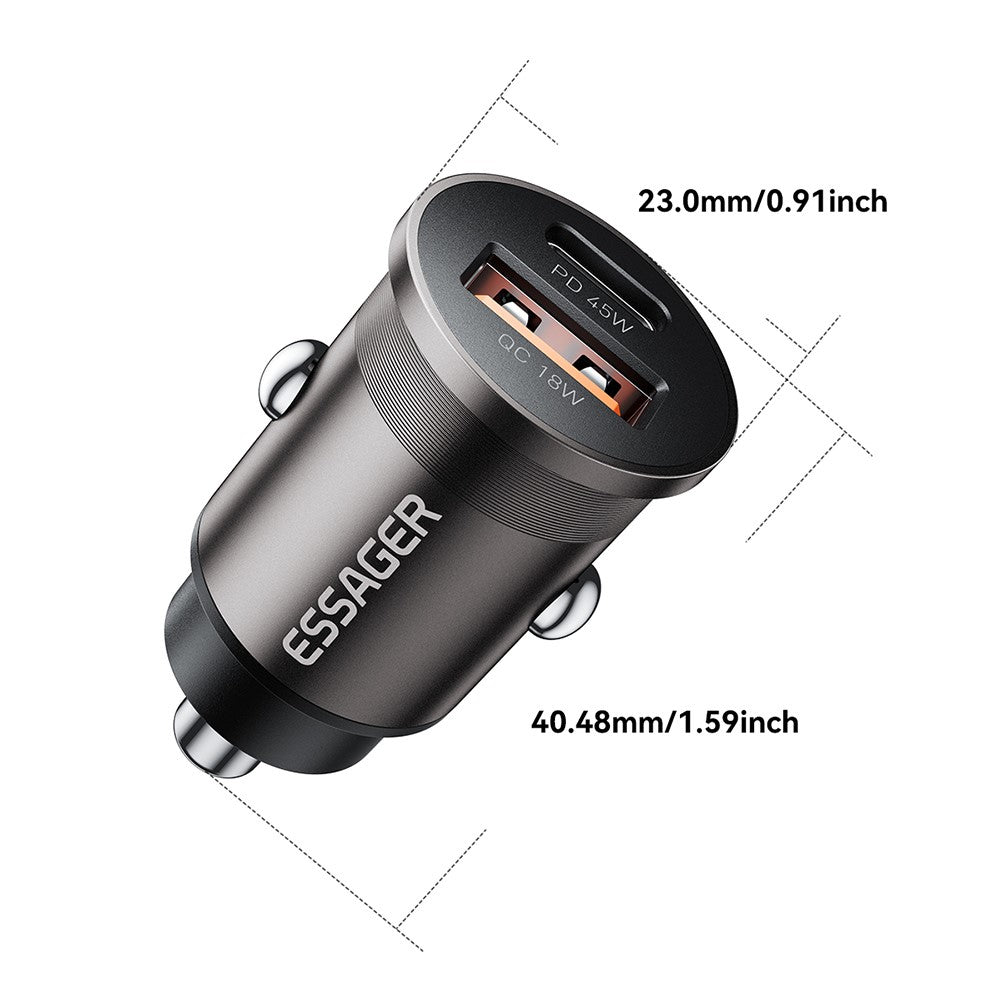 ESSAGER ES-CC15 Biloplader 45W Dobbelt Port USB-A + Type-C Hurtigopladning Stik Cigarettænder