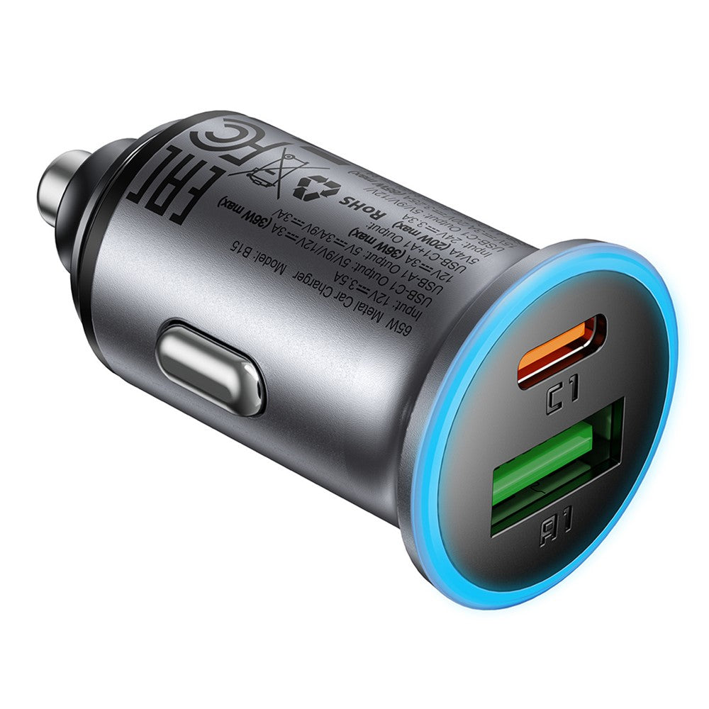 ACEFAST B15 65W Metal Car Charger Dual Port USB-A + USB-C Fast Charging Car Power Adapter Cigarette Lighter