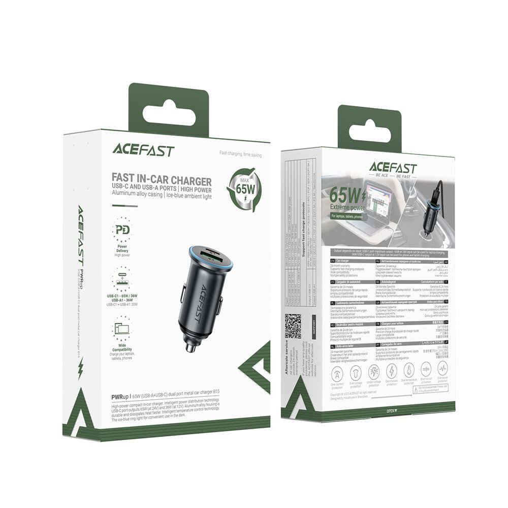 ACEFAST B15 65W Metal Car Charger Dual Port USB-A + USB-C Fast Charging Car Power Adapter Cigarette Lighter