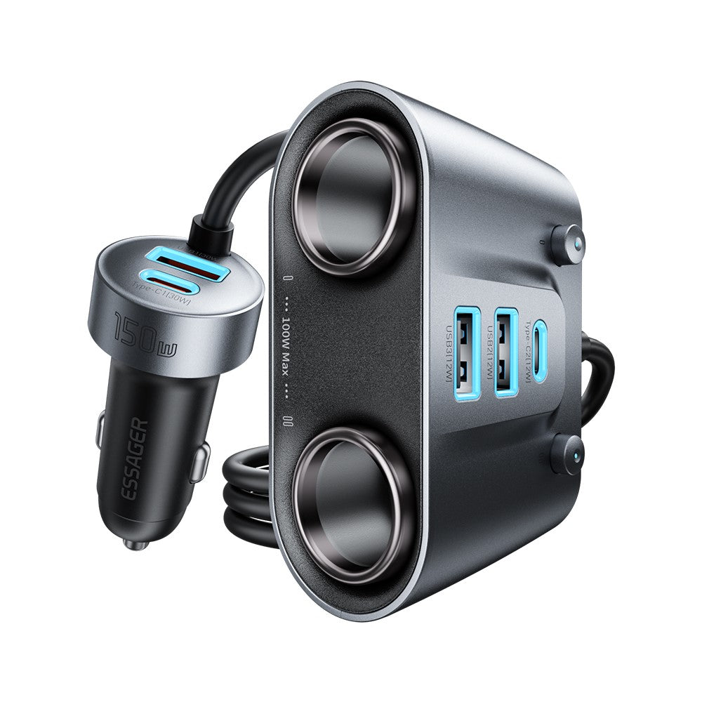 ESSAGER 150W High Power Car Cigarette Lighter Splitter Charger 2 USB C + 3 USB A Fast Charging Adapter