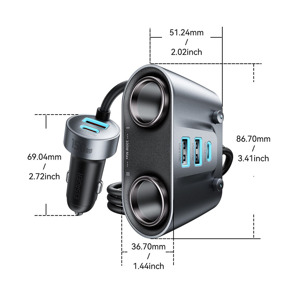 ESSAGER 150W High Power Car Cigarette Lighter Splitter Charger 2 USB C + 3 USB A Fast Charging Adapter