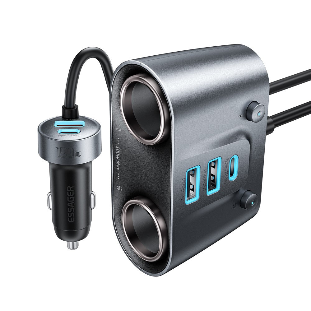ESSAGER 150W High Power Car Cigarette Lighter Splitter Charger 2 USB C + 3 USB A Fast Charging Adapter