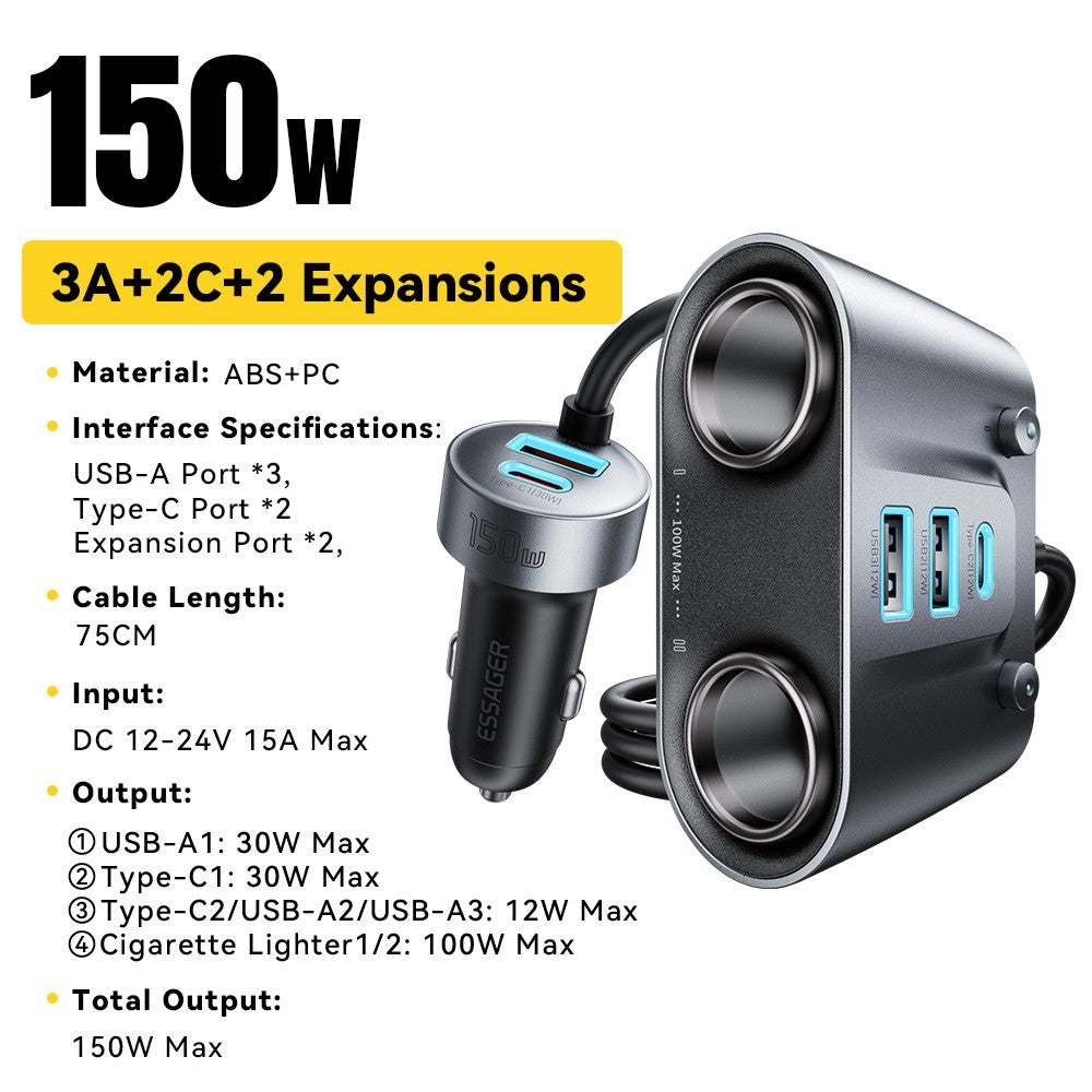 ESSAGER 150W High Power Car Cigarette Lighter Splitter Charger 2 USB C + 3 USB A Fast Charging Adapter