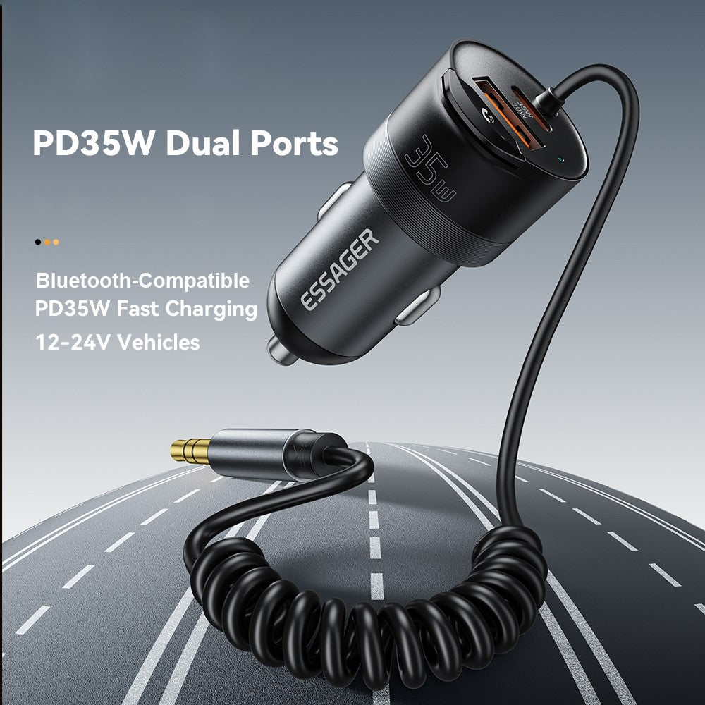 ESSAGER Car Charger Bluetooth-Compatiable 5.3 PD 35W USB-A + Type-C Wired to Wireless Car Audio with AUX Plug