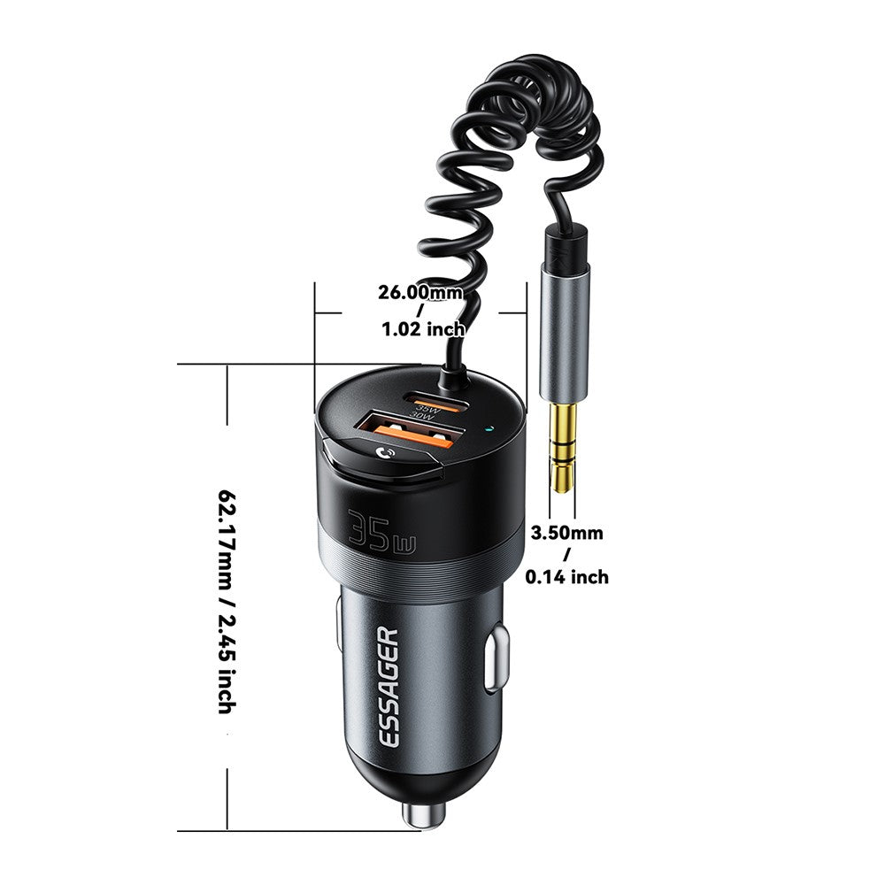 ESSAGER Car Charger Bluetooth-Compatiable 5.3 PD 35W USB-A + Type-C Wired to Wireless Car Audio with AUX Plug