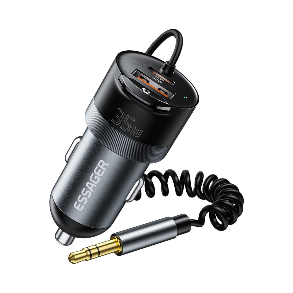 ESSAGER Car Charger Bluetooth-Compatiable 5.3 PD 35W USB-A + Type-C Wired to Wireless Car Audio with AUX Plug