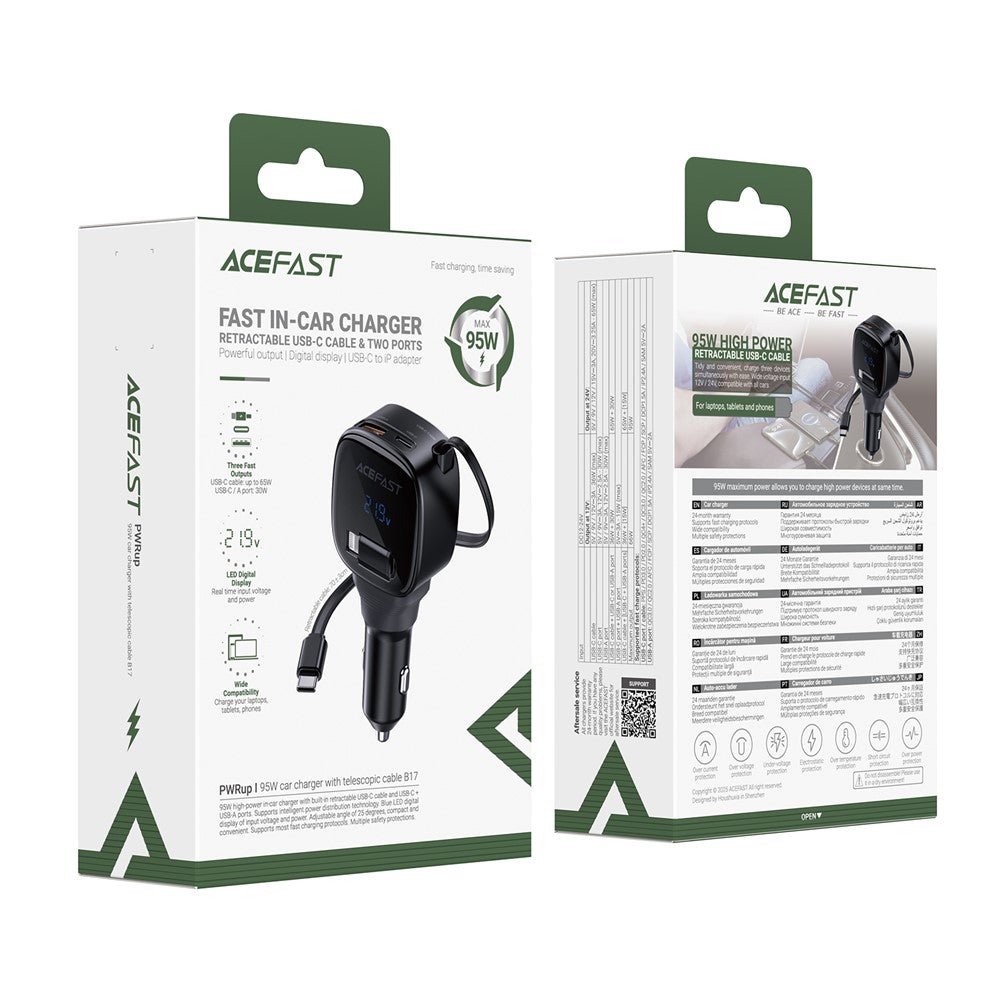 ACEFAST B17 95W Car Charger USB-C + USB-A LED Display Fast Charging Adapater with Retractable Cable