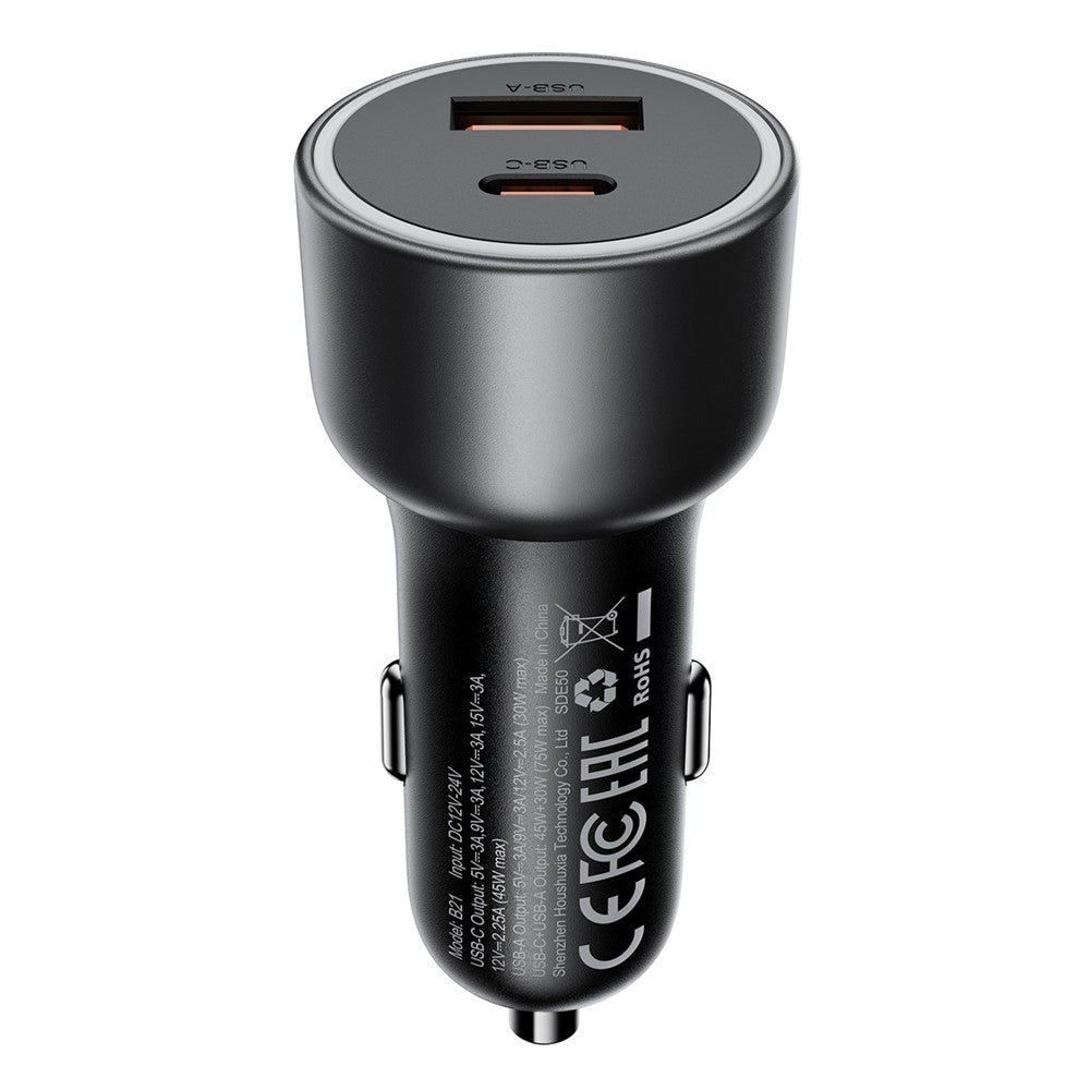 ACEFAST B21 75W USB-C + USB-A Billader med dobbelt port PD Hurtigopladningsadapter til telefon og bærbar computer
