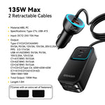 ESSAGER F789 1.5m 135W Rear-Seat Car Charger with 70cm Retractable Cables