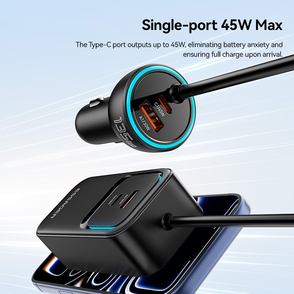 ESSAGER F789 1.5m 135W Rear-Seat Car Charger with 70cm Retractable Cables