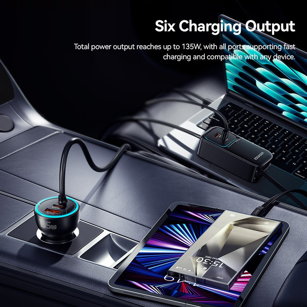 ESSAGER F789 1.5m 135W Rear-Seat Car Charger with 70cm Retractable Cables