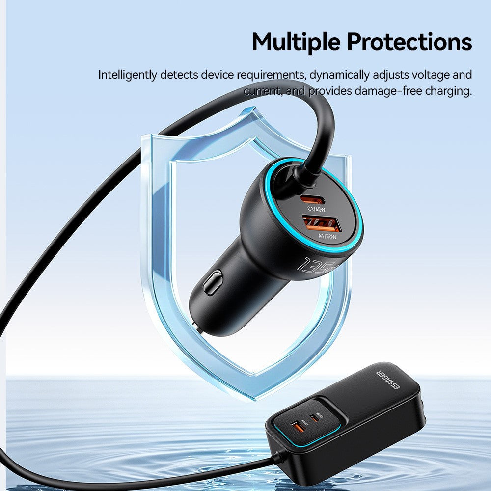 ESSAGER F789 1.5m 135W Rear-Seat Car Charger with 70cm Retractable Cables