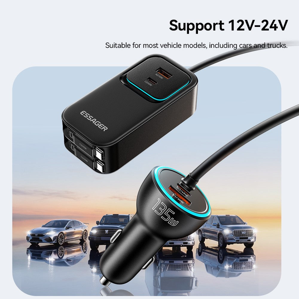 ESSAGER F789 1.5m 135W Rear-Seat Car Charger with 70cm Retractable Cables