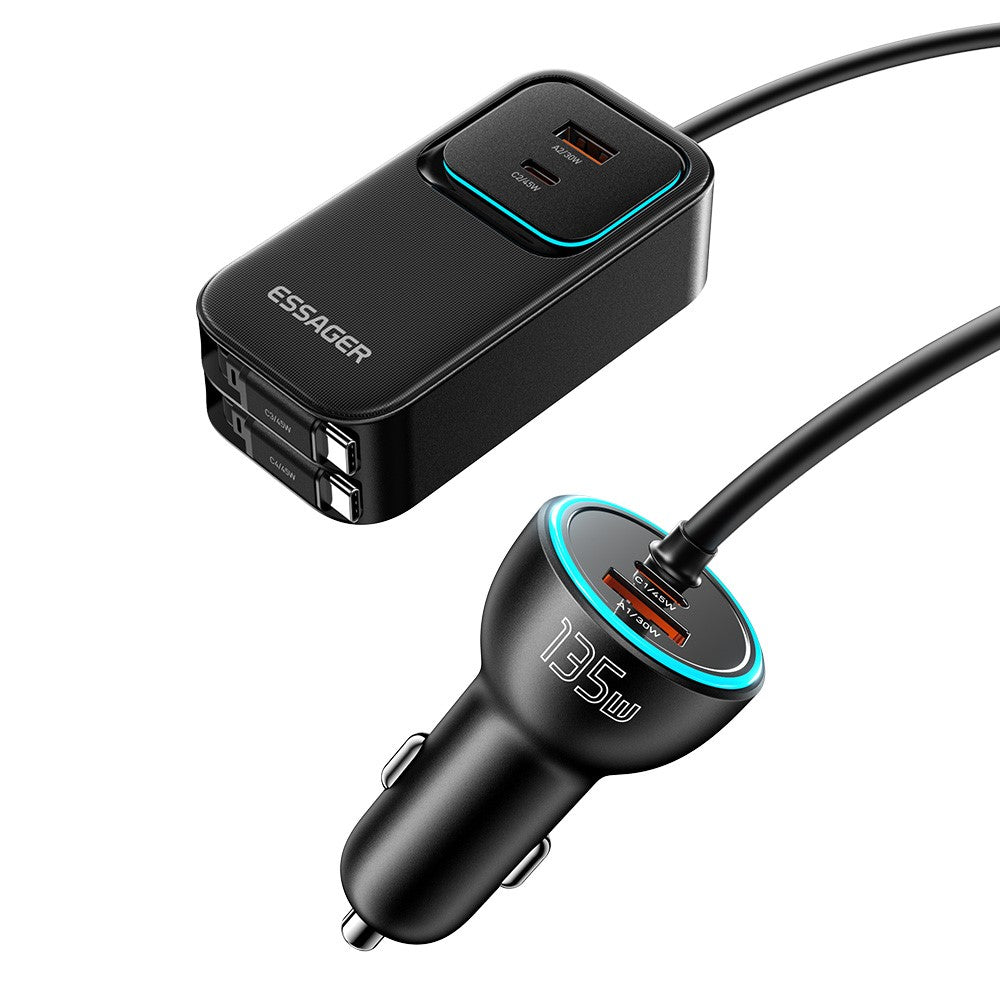 ESSAGER F789 1.5m 135W Rear-Seat Car Charger with 70cm Retractable Cables