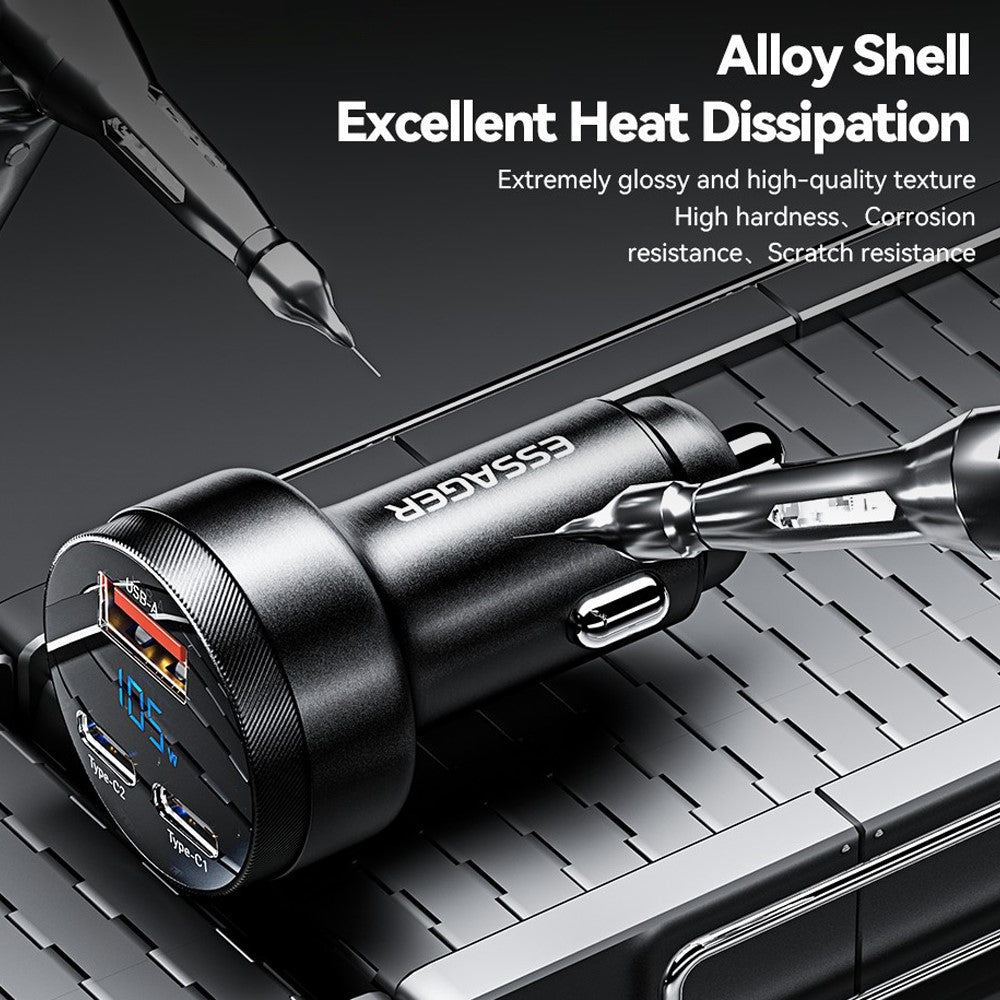 ESSAGER Aluminum Alloy 105W Phone Charger USB+Dual Type-C Car Charger