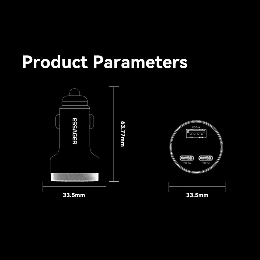 ESSAGER Aluminum Alloy 105W Phone Charger USB+Dual Type-C Car Charger