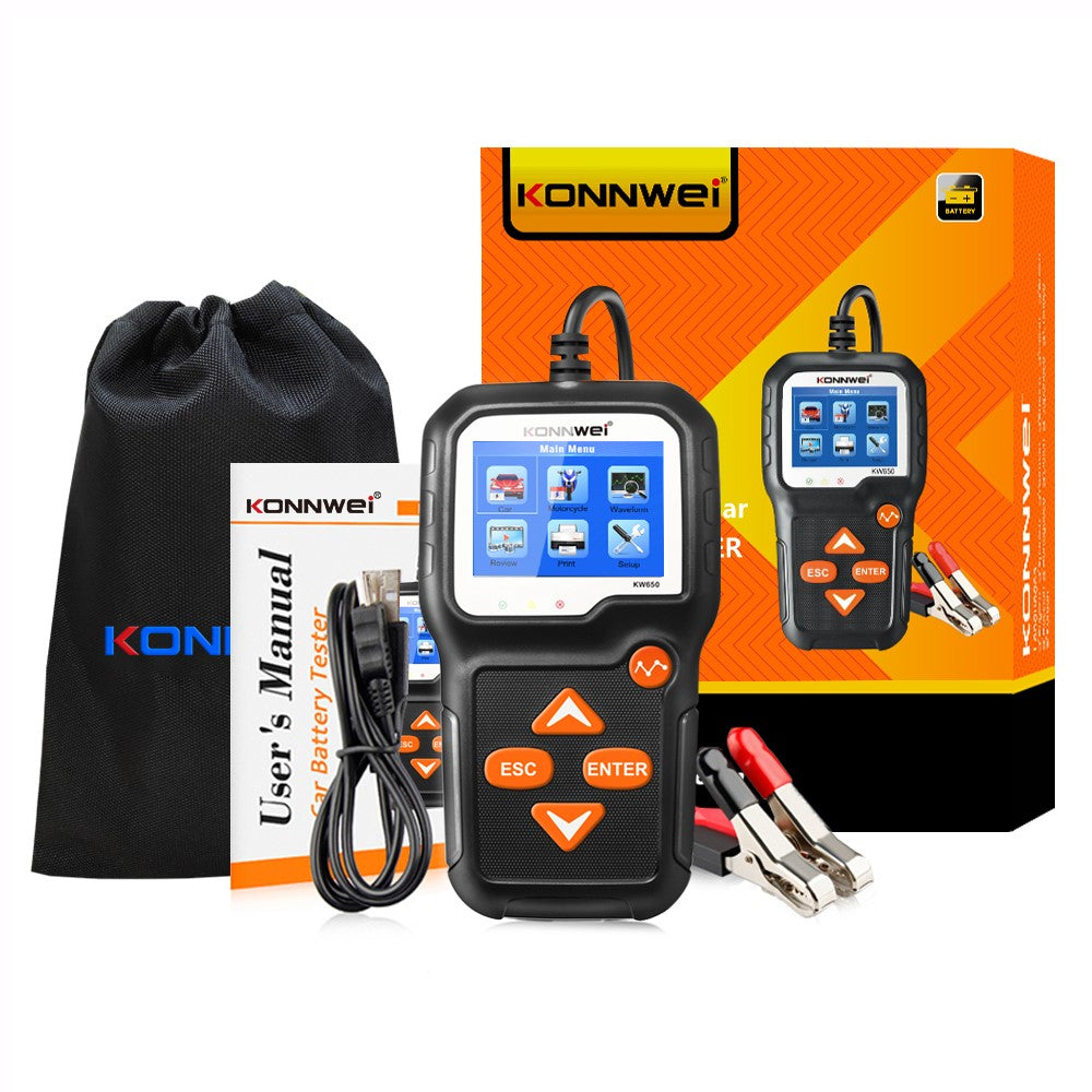 KONNWEI KW650 6-12V Car Motorcycle Battery Tester Charging Cranking Test Tool Battery Analyzer 100 to 2000 CCA