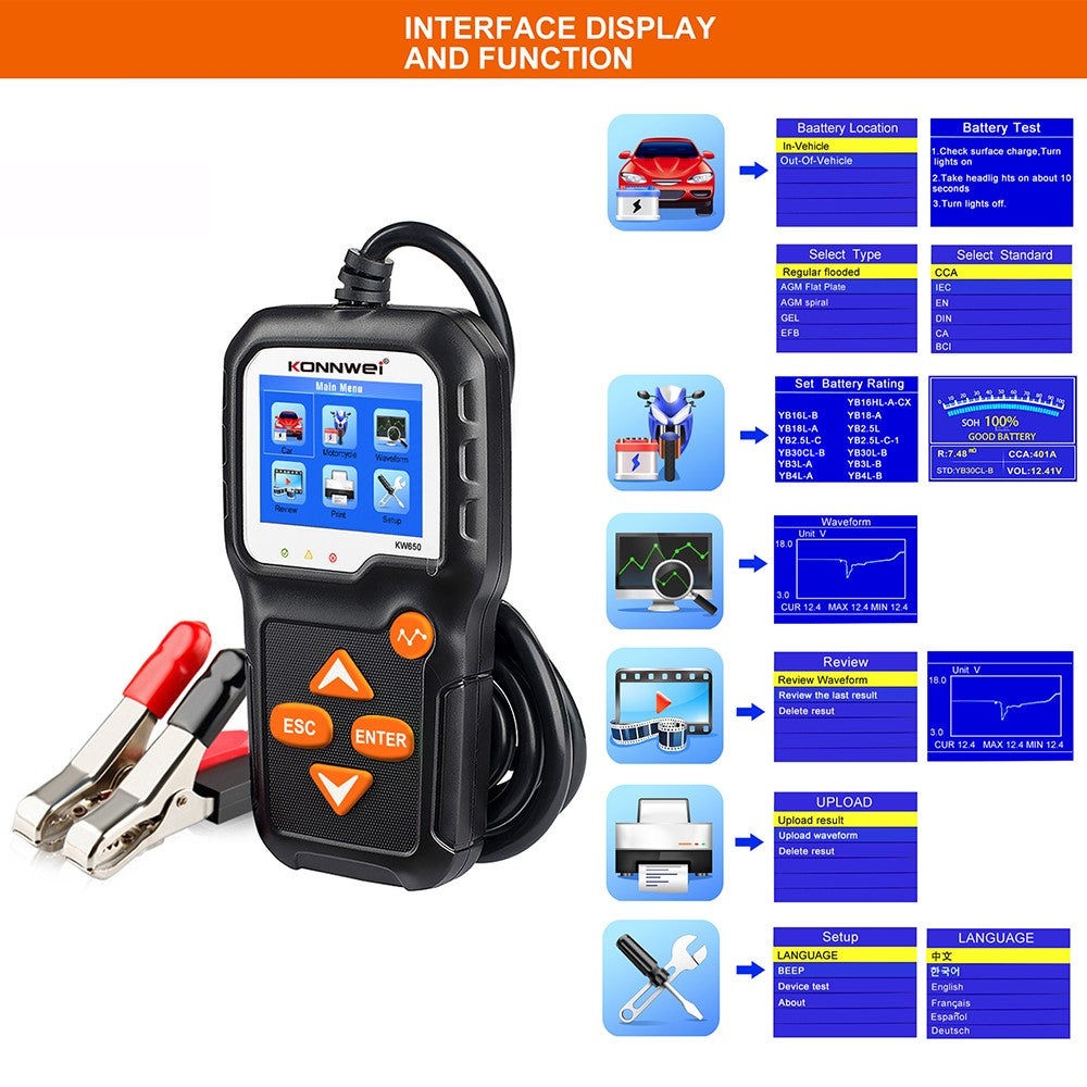 KONNWEI KW650 6-12V Car Motorcycle Battery Tester Charging Cranking Test Tool Battery Analyzer 100 to 2000 CCA