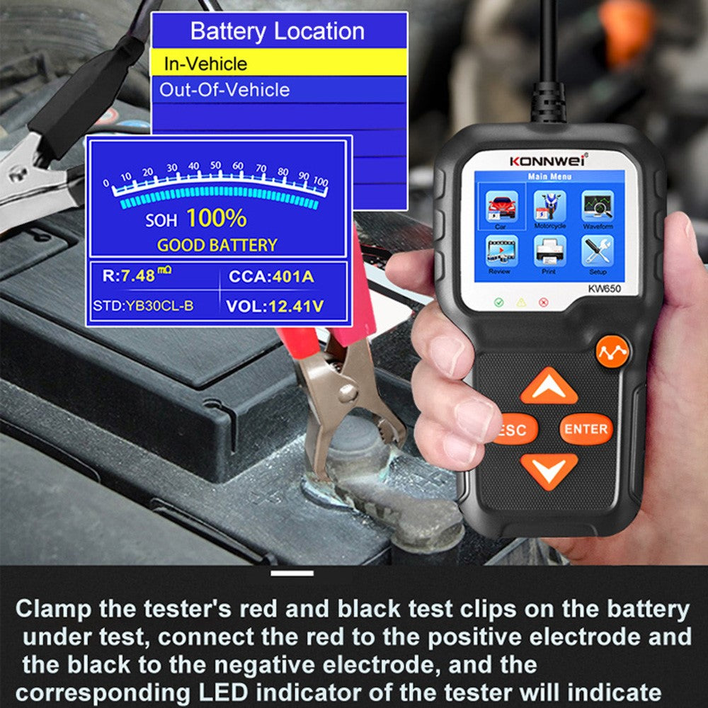 KONNWEI KW650 6-12V Car Motorcycle Battery Tester Charging Cranking Test Tool Battery Analyzer 100 to 2000 CCA