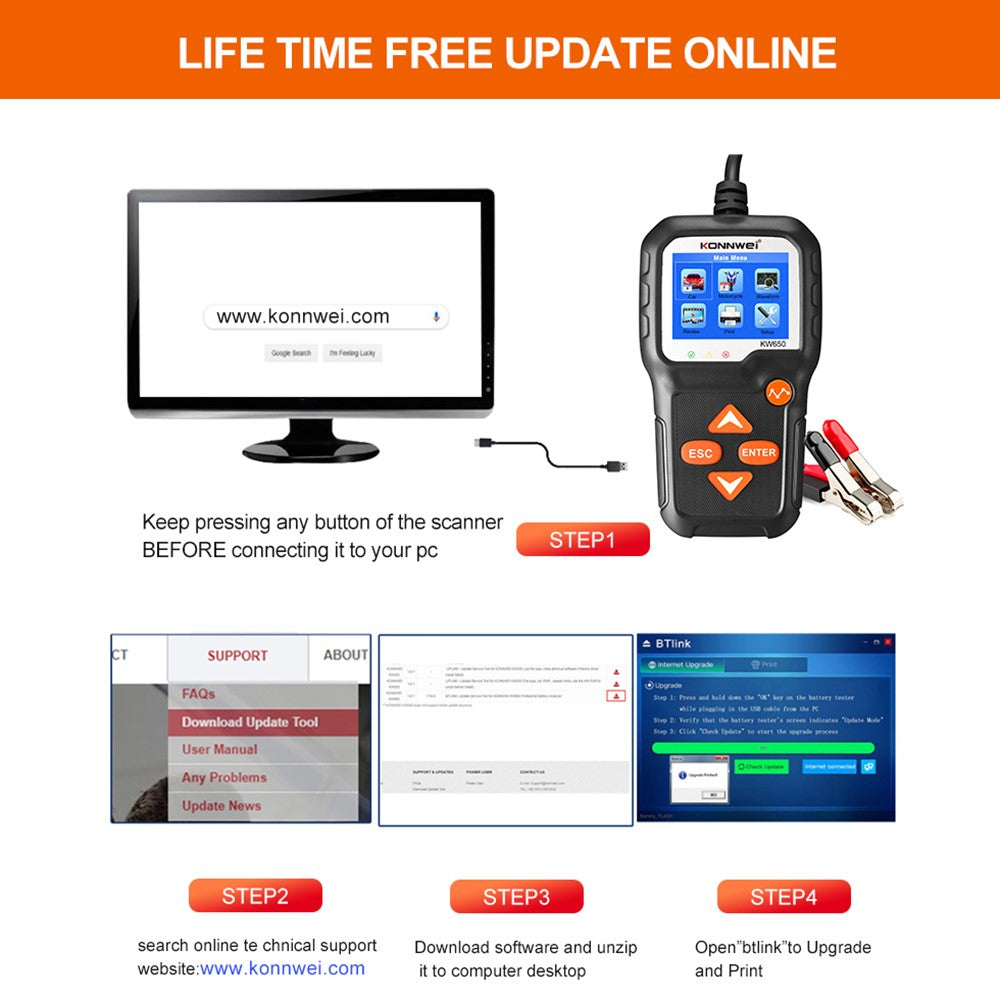 KONNWEI KW650 6-12V Car Motorcycle Battery Tester Charging Cranking Test Tool Battery Analyzer 100 to 2000 CCA