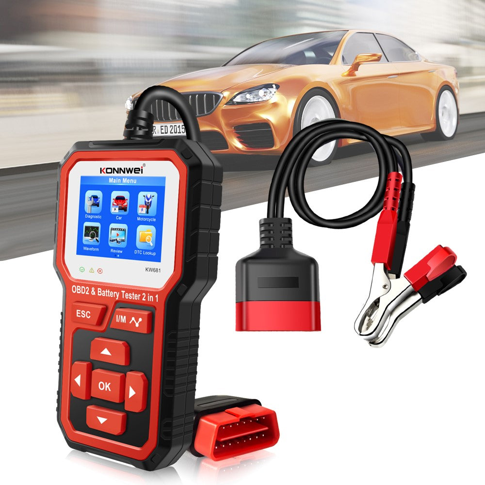 KONNWEI KW681 2-i-1 6-12V bilbatteritester, OBD2-bildiagnoseinstrument og batterianalysator
