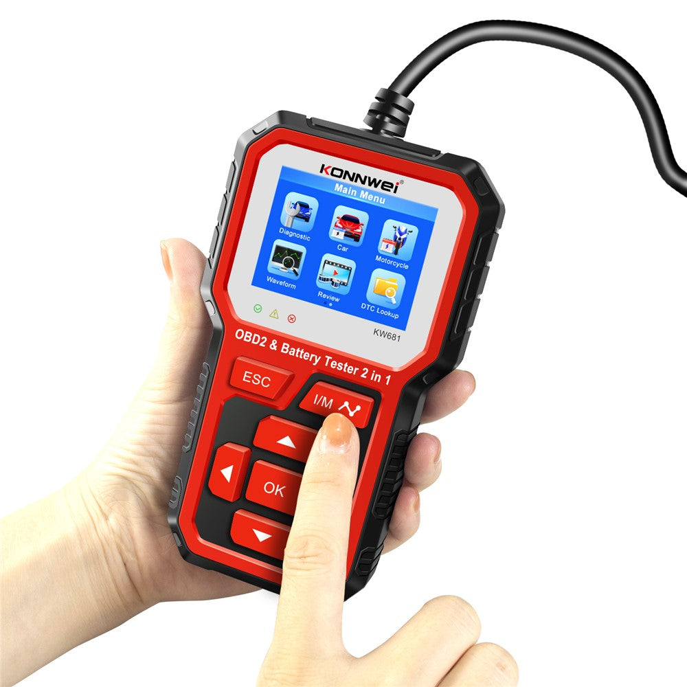 KONNWEI KW681 2-i-1 6-12V bilbatteritester, OBD2-bildiagnoseinstrument og batterianalysator
