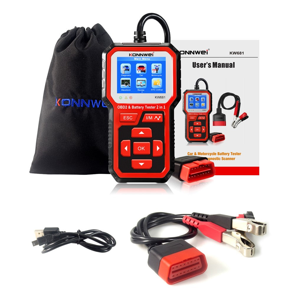 KONNWEI KW681 2-i-1 6-12V bilbatteritester, OBD2-bildiagnoseinstrument og batterianalysator