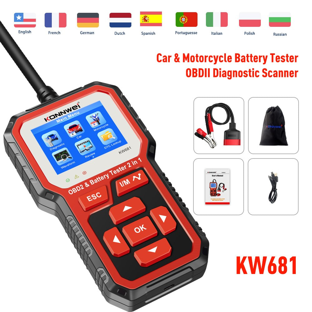 KONNWEI KW681 2-i-1 6-12V bilbatteritester, OBD2-bildiagnoseinstrument og batterianalysator