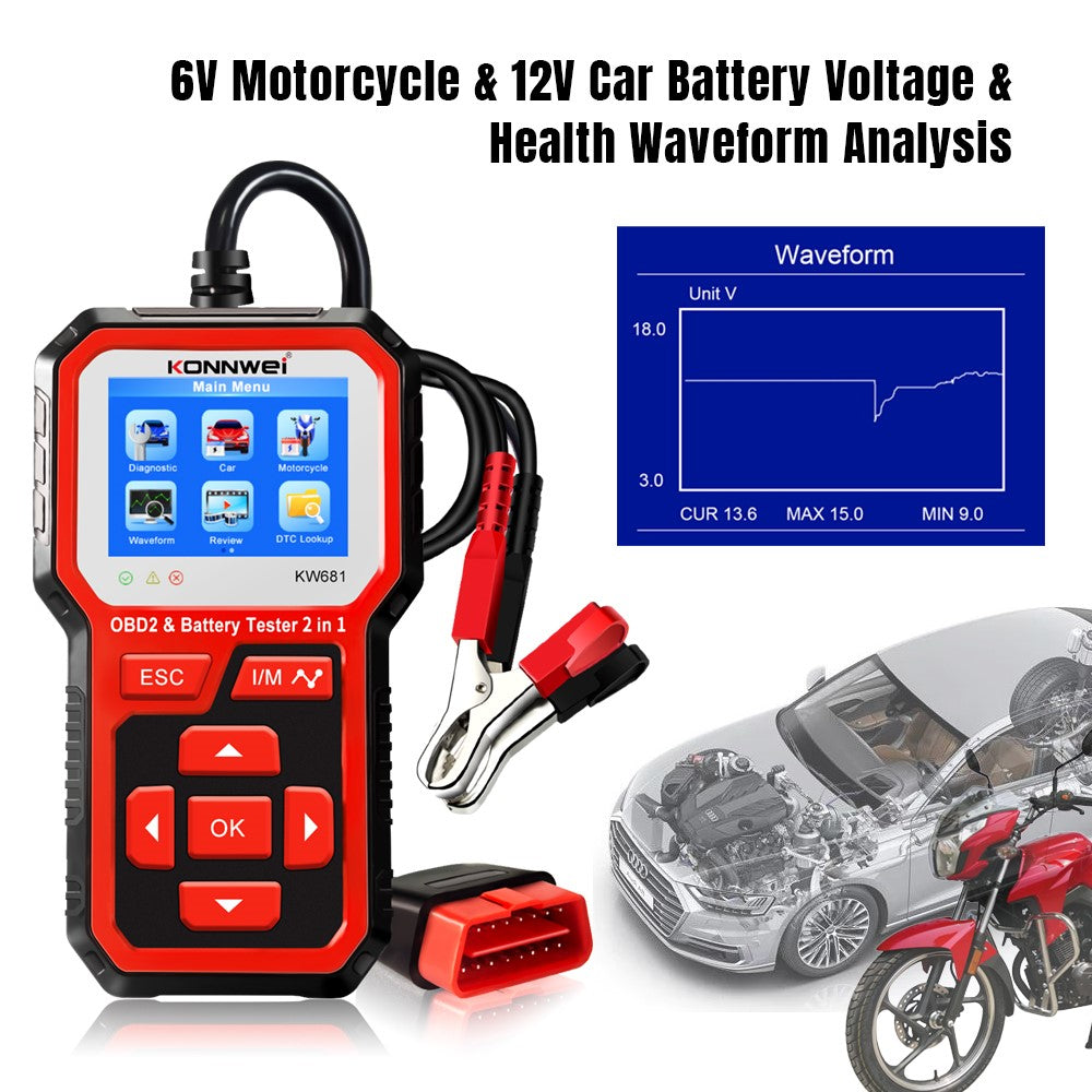 KONNWEI KW681 2-i-1 6-12V bilbatteritester, OBD2-bildiagnoseinstrument og batterianalysator