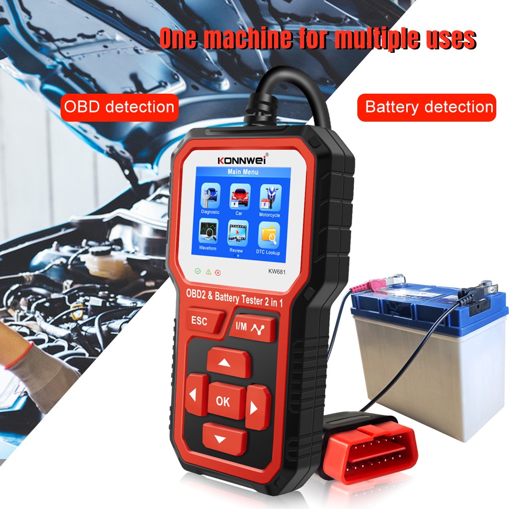 KONNWEI KW681 2-i-1 6-12V bilbatteritester, OBD2-bildiagnoseinstrument og batterianalysator