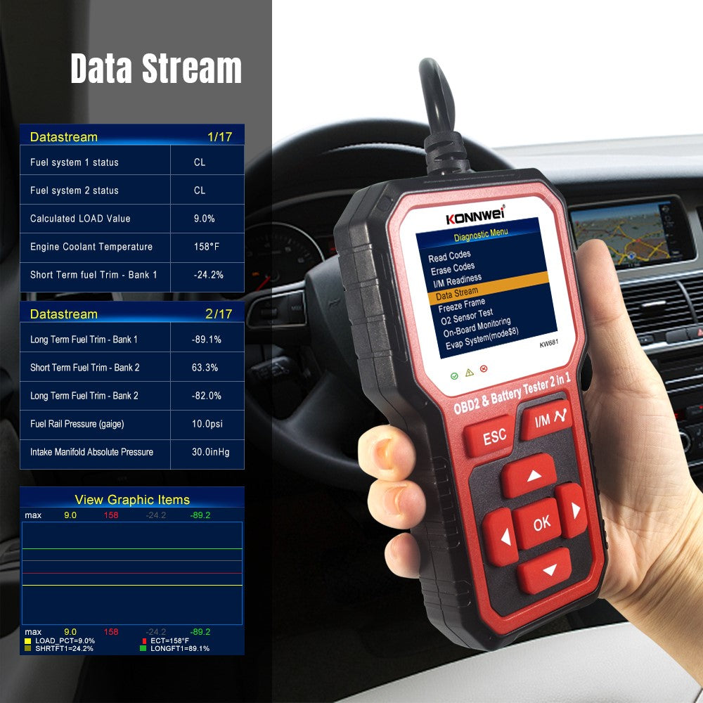 KONNWEI KW681 2-i-1 6-12V bilbatteritester, OBD2-bildiagnoseinstrument og batterianalysator