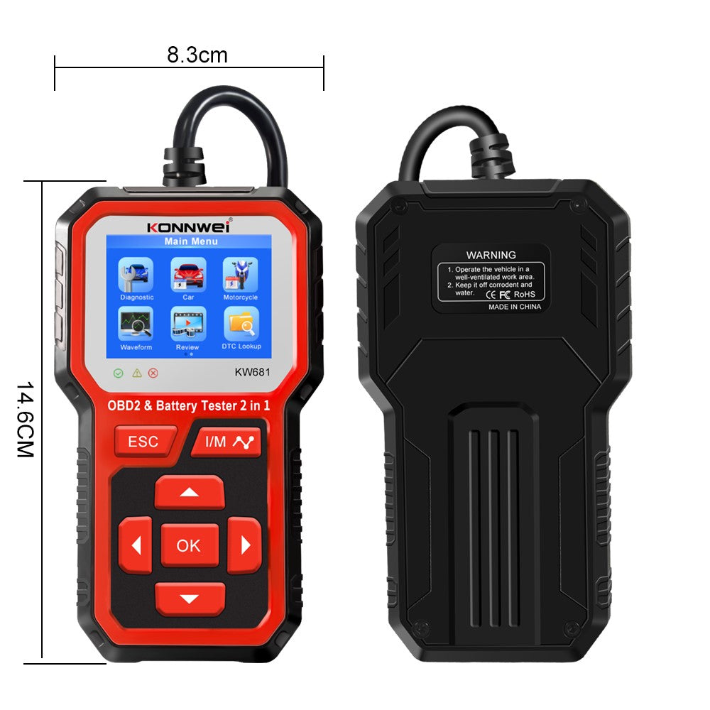 KONNWEI KW681 2-i-1 6-12V bilbatteritester, OBD2-bildiagnoseinstrument og batterianalysator