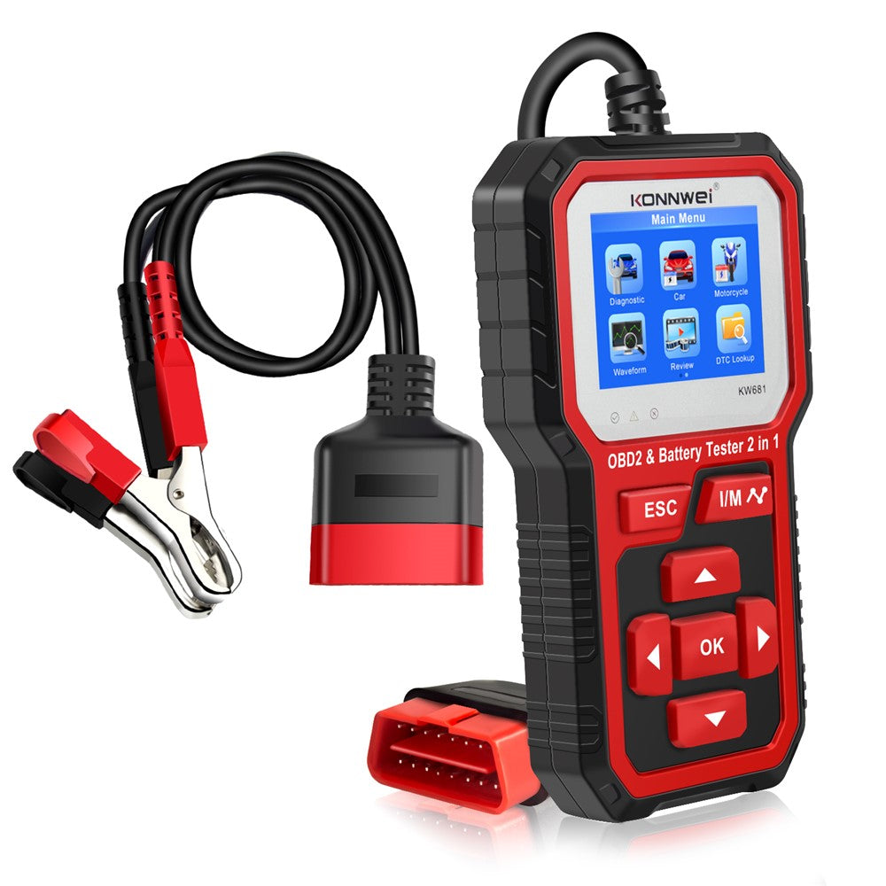 KONNWEI KW681 2-i-1 6-12V bilbatteritester, OBD2-bildiagnoseinstrument og batterianalysator