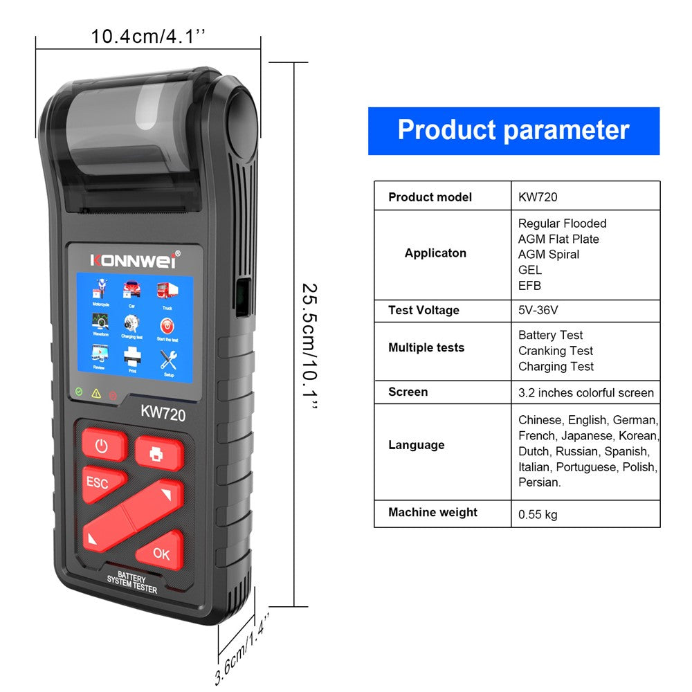 KONNWEI KW720 Automotive Battery Check Machine Automobile Battery Tester Battery Tester 6V 12V 24V Battery Load Tester with Printer